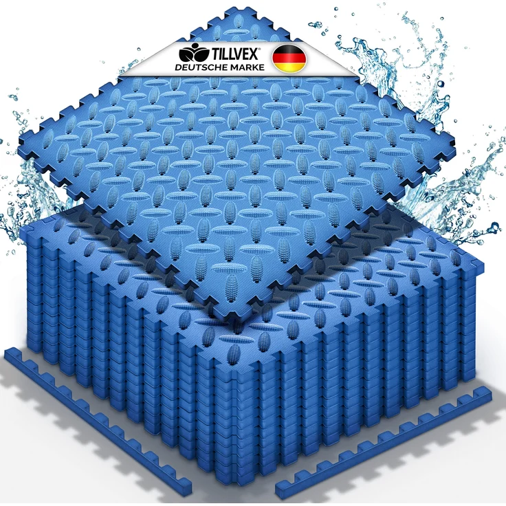 tillvex® Pool Bodenschutzmatte Blau - 24 Stück | Unterlegmatte für Pool & Planschbecken | Poolmatte Bodenmatte Outdoor | Poolunterlage Bodenschutz Matten wärmeisolierend | Whirlpool Bodenfolie weich – Bild 1