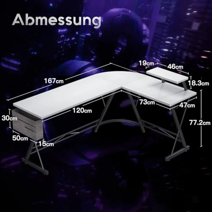 ODK Gaming Tisch, Computertisch, Gaming Schreibtisch mit runder Ecke, Gaming-Tisch mit Monitorablage (Weiß, 167x120 cm) – Bild 4