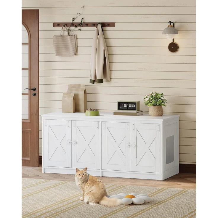 Katzenschrank, Katzenklo Schrank für 2 Katzen, Versteckter Katzentoilettenschrank, Katzenhaus für den Innenbereich, Bauernhausstil, 119 x 48 x 53,5 cm, Weiß – Bild 7