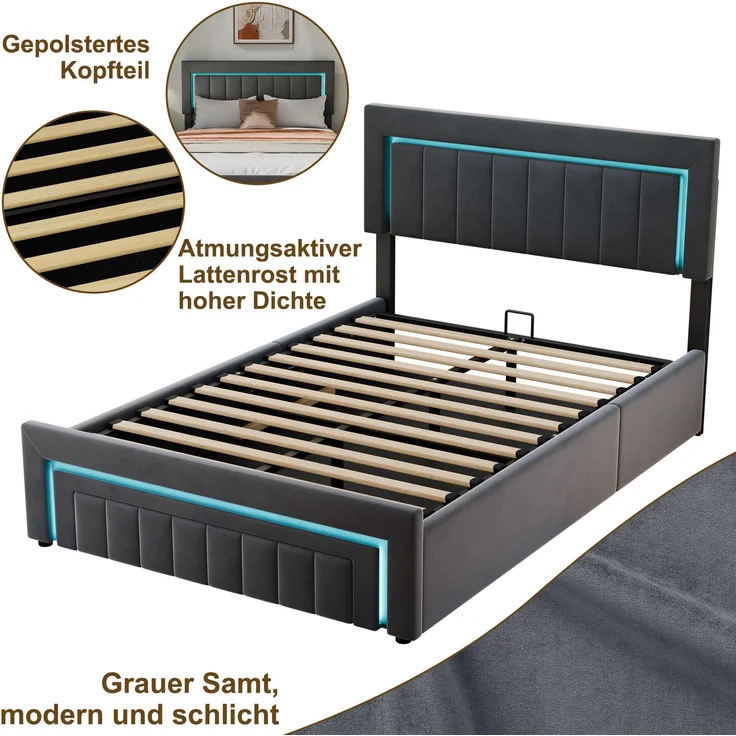 Polsterbett aus Velours mit LED, hydraulischem Stauraum & Schublade, ohne Matratze, 140x200 cm, Anthrazit/Grau – Bild 8