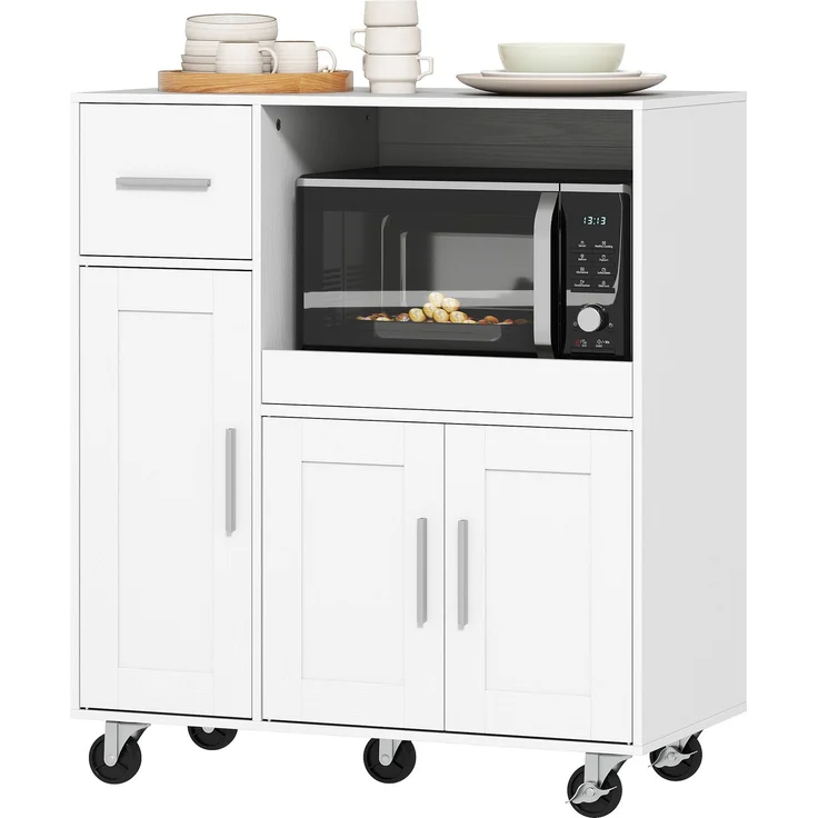 JARDJ Küchen-Beistellschrank mit Rollen, Küchen-Sideboard für Mikrowelle mit Auszugsschublade, 80 x 40 x 88,7 cm, Weiß – Bild 2
