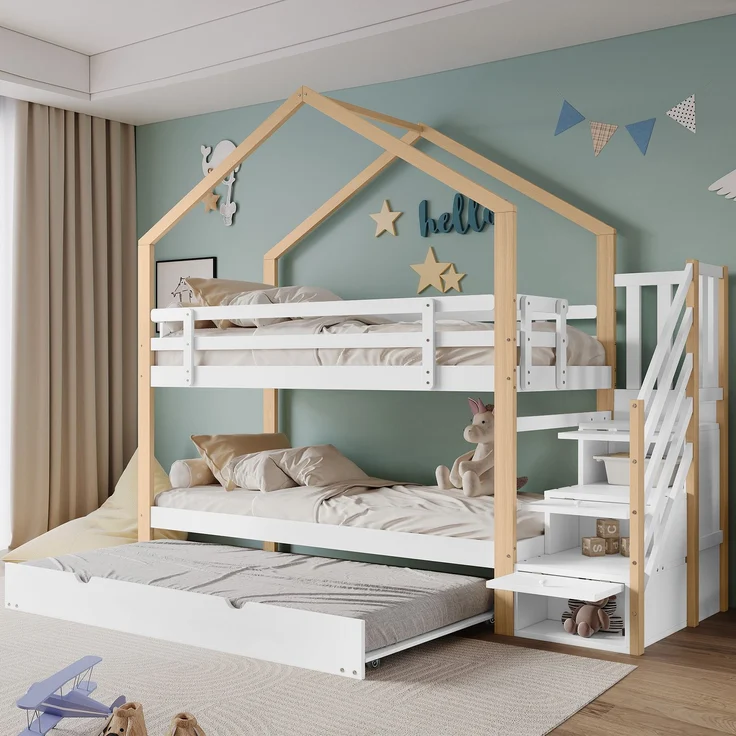 Merax Etagenbett, Ausziehbares Baumhausbett, Schiebebett, Treppe mit 4 Schubladen, Kinderbett mit Absturzsicherung und Kinderbettgitter, mit Lattenroste, Natur+Weiß (90x200cm&90x190cm) – Bild 2