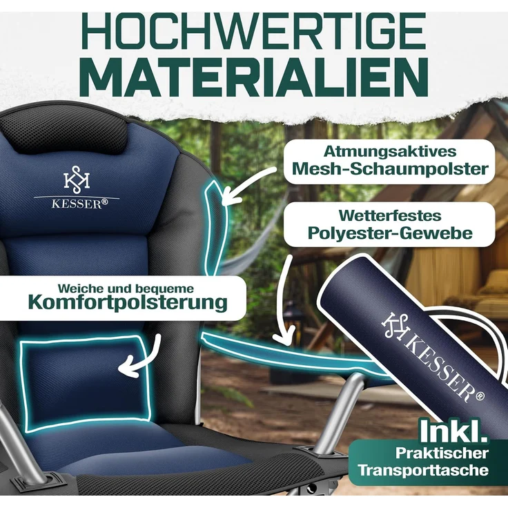 KESSER® Campingstuhl faltbar bis 150 kg Angelstuhl Faltstuhl Klappstuhl Gepolstert mit Armlehnen, Getränkehalter + Tasche mit hoher Rückenlehne, Strandstuhl, Klapphocker Navyblau / Schwarz – Bild 3