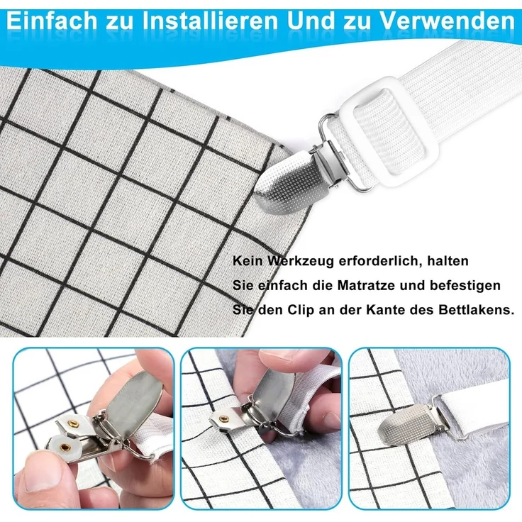 FELIXLEO Spannbettlaken Bettlakenspanner 8 Stück Elastisch mit Metallclips Weiß, (8 Stück) – Bild 2