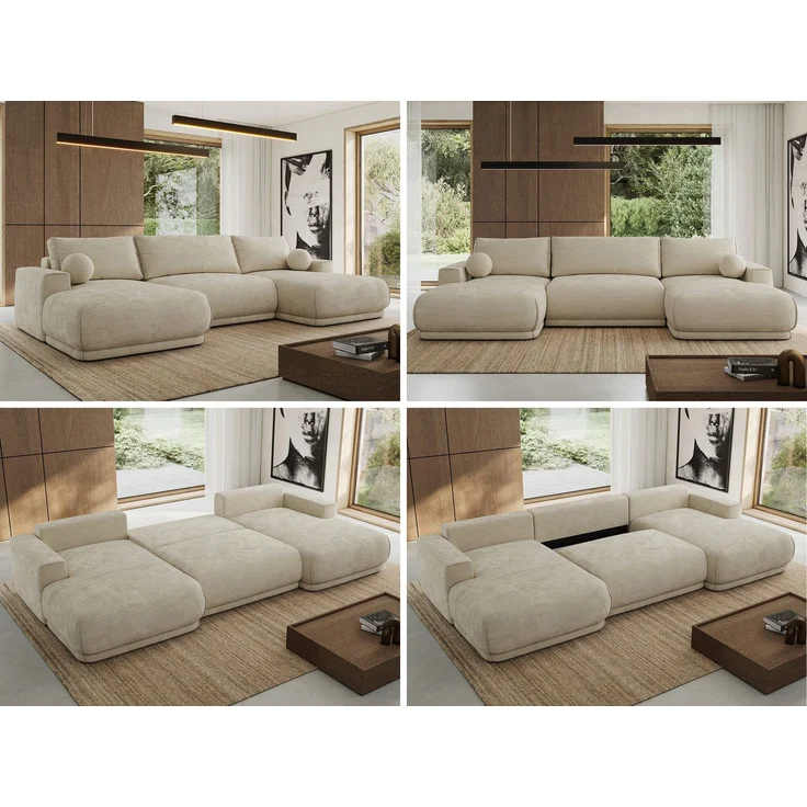 XXL Wohnlandschaft RINA U-Form 360 cm breit, Sofa mit Schlaffunktion & DL-Mechanismus, Wellenfederung, modern freistehend - Beige Schenille glatt – Bild 2