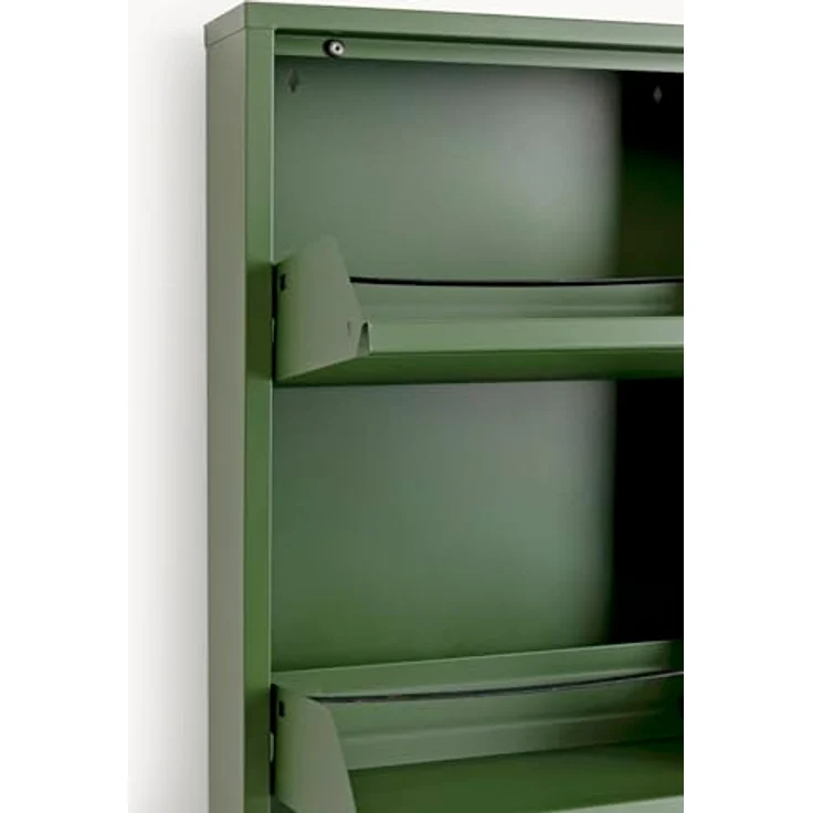 Kare Design Schuhschrank Caruso, Oliv, 173 x 50 x 15 cm, Schuhablage, Schuhkipper, Schuhregal, mit 3 Klappen, für 6 Paar Schuhe, Stahl, Schmal, Platzsparend, Hoch, Eingangsbereich – Bild 4