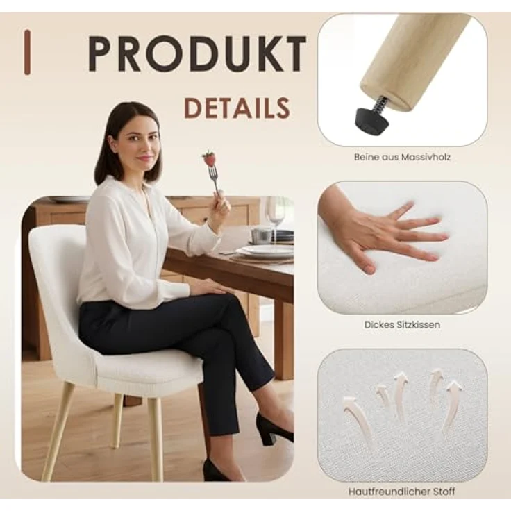 COLAMY Esszimmerstühle 2er Set, Gepolsterter Stuhl mit Holzbeinen, Hohe Rückenlehne für Esszimmer/Restaurant/Café, Beige – Bild 4