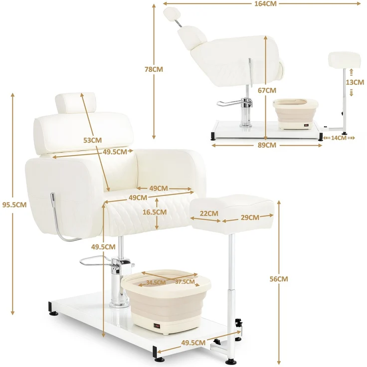 BarberPub Pediküre Stuhl mit Fußbadewanne & Pediküre Hocker, Friseurstuhl Höhenverstellbar & Kippbar, Rückenlehne & Kopfstütze Ausziehbar, Fußpflegestuhl für Nagelstudio F0380 (Weiß) – Bild 2
