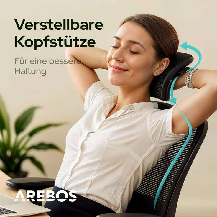 Arebos Bürostuhl Ergonomischer Schreibtischstuhl Wippmechanismus von 90° bis 125° (1D-verstellbare Armlehnen für mehr Komfort), Bis 136 kg belastbar: Stabil & alltagstauglich – Bild 8