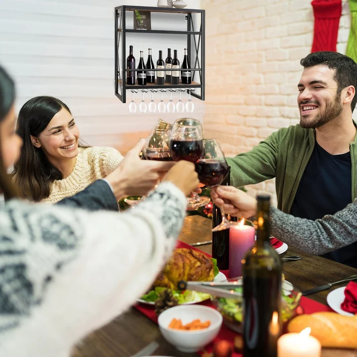 Todeco Weinregal Wandmontiert mit Glashalter Holz Metall Flaschenregal mit 3 Ebenen für 12 Flaschen Wein Weinständer mit Tassenablageregal geeignet für Küche maximale Belastbarkeit 50 kg, 60*20*62 cm – Bild 3