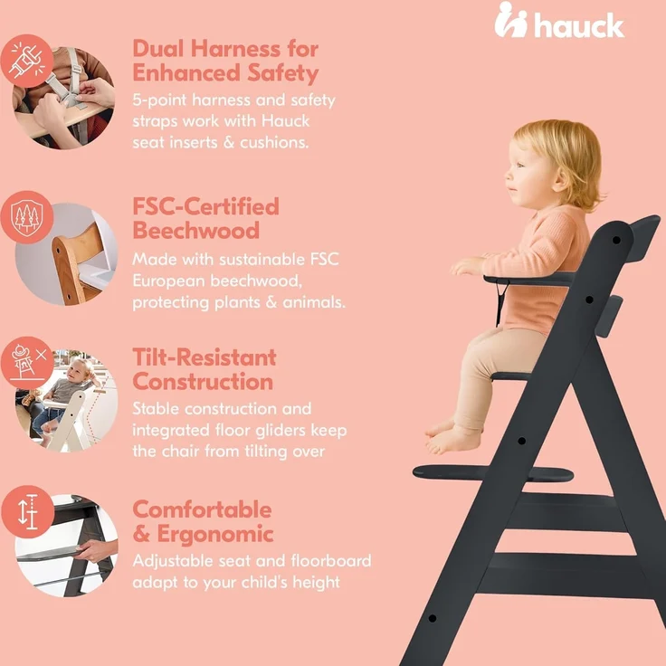 Hauck Kinder Hochstuhl Alpha+ - Mitwachsender Holz Babystuhl (FSC zertifiziert), Kinderhochstuhl ab 6 Monate, verstellbar, mit Schutzbügel, Schrittgurt und 5-Punkt-Gurt - Schwarz – Bild 6