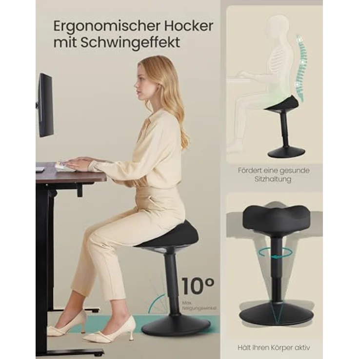 SONGMICS Hocker, mit Schwingeffekt, höhenverstellbar 48-65,5 cm, Anti-Rutsch-Sockel, drehbar, tintenschwarz, 34 x 36,5 x 48 cm – Bild 5