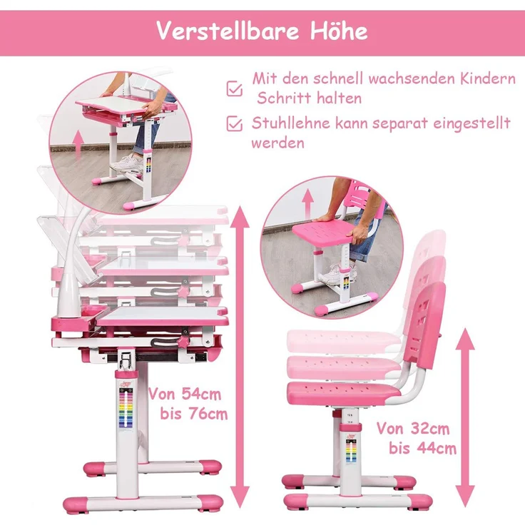 COSTWAY Kinderschreibtisch inkl. Stuhl und Lampe, rosa – Bild 2