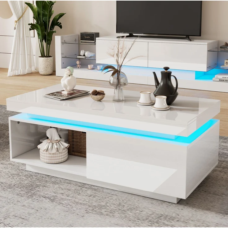 Couchtisch 100x50x40,3 cm mit Hochglanz-Oberfläche, LED-Beleuchtung, 1 Schublade, robuster Spanplatte – Bild 1