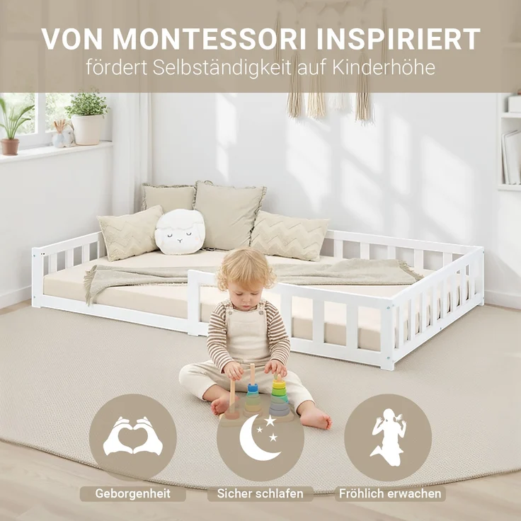 Kinderbett 120x200 Bodenbett mit Rausfallschutz Montessori Bett Kleinkindbett Holz Massiv Weiß Einzelbett Lattenrost Bettgestell – Bild 5