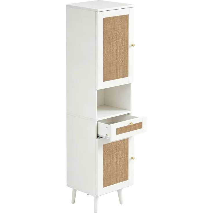 Flieks Badezimmer-Hochschrank 40x30x166 cm, Badschrank aus weißem MDF mit Rattan-Türen, Schublade, Soft-Close & wendbarer Montage – Bild 7