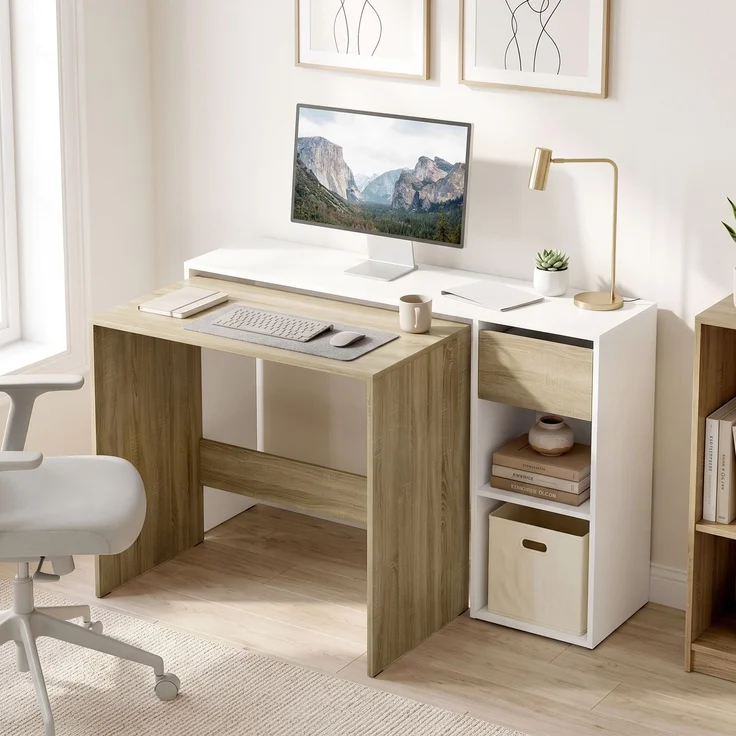 MELAYR, Zweiteiliges, stapelbares Computertisch-Set, Computertisch 80/117 cm mit Schublade und offenen Regalen, Weiß – Bild 3