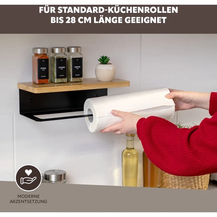 eluno Küchenrollenhalter mit Bambusablage aus Edelstahl in Schwarz, ca. 32 x 9,5 x 13 cm (B/H/T) – Bild 5