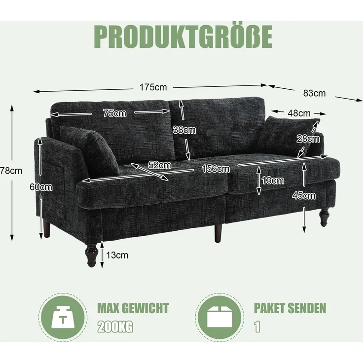 2-sitziges Chenille-Sofa mit USB-Ladeanschluss, LED-Licht und Aufbewahrungstasche in Schwarz – Bild 10