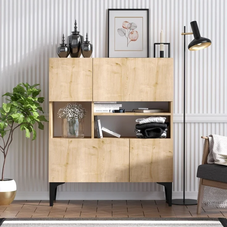 Calicosy 'KRISTA' Buffet mit 3 Fächern und 4 Türen, Eiche Dekor, H125 cm - Helles Holz – Bild 2