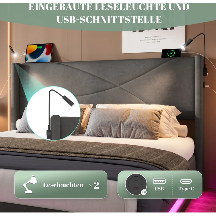 LVHOM Boxbett 160x200cm, Bettgestell mit integrierter Beleuchtung & Stauraum, USB/Typ-C-Ports, XXL-Hydraulik-Storage, platzsparend & Smart-Home-Anschlüssen – Bild 8