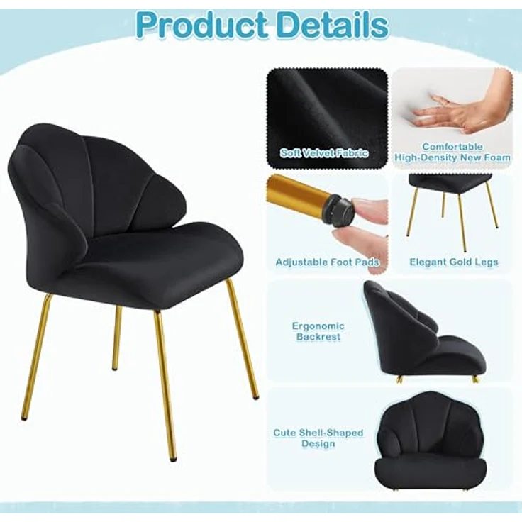 Yaheetech Sessel Loungesessel in Muschelform, Ohrensessel modern, Polsterstuhl mit Metallbeinen, Polyester, für Wohnzimmer/Schminktisch/Schlafzimmer, Schwarz – Bild 6