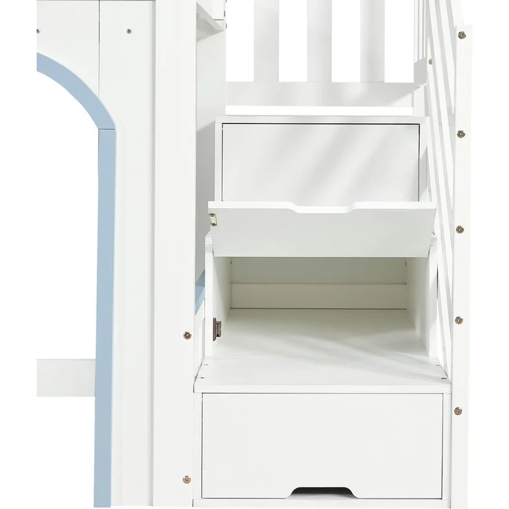 Etagenbett mit Regal, Schrank, Lattenrost, Tür und Treppe, 90x200cm, Kinderbett mit Rausfallschutz, Hochbett, Kiefer – Bild 10