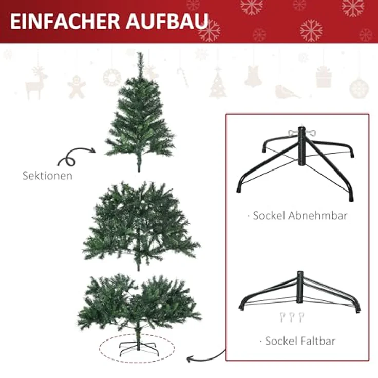 HOMCOM Künstlicher Weihnachtsbaum mit Deko 200 LEDs 745 Spitzen, Tannen, 112x180 cm (BxH), grün – Bild 6