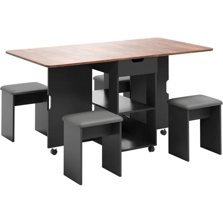 Mondeer Essgruppe Esstisch mit 4 Polsterhocker, Platzsparender Drop-Leaf-Tisch mit 2 Schubladen & Rollen – Bild 1