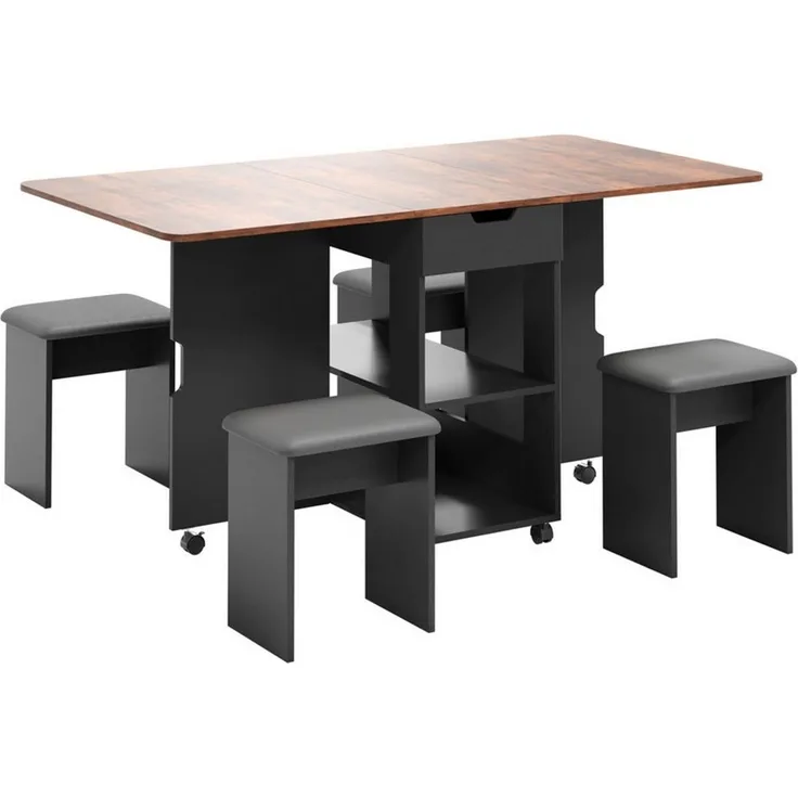 Mondeer Essgruppe Esstisch mit 4 Polsterhocker, Platzsparender Drop-Leaf-Tisch mit 2 Schubladen & Rollen