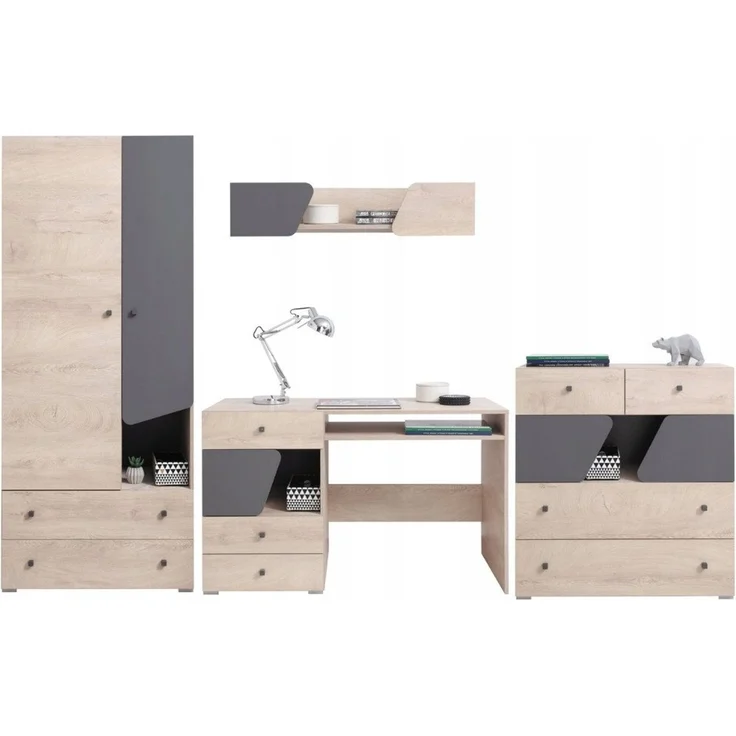 Deine Möbel 24 Jugendzimmer-Set DARLA I Kinderzimmer-Set Komplett PREMIUM, (3 + 12 + 9 +10, 4-tlg, Natur Eiche Grau), Kleiderschrank 2-türig Kommode Sideboard Schreibtisch Hängeregal – Bild 1