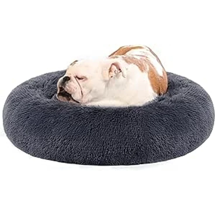 Feandrea Hundebett flauschig, Katzenbett, Donut Kissen, waschbar, Polsterung in der Mitte herausnehmbar, langer Plüsch, 80 cm Durchmesser, dunkelgrau – Bild 1