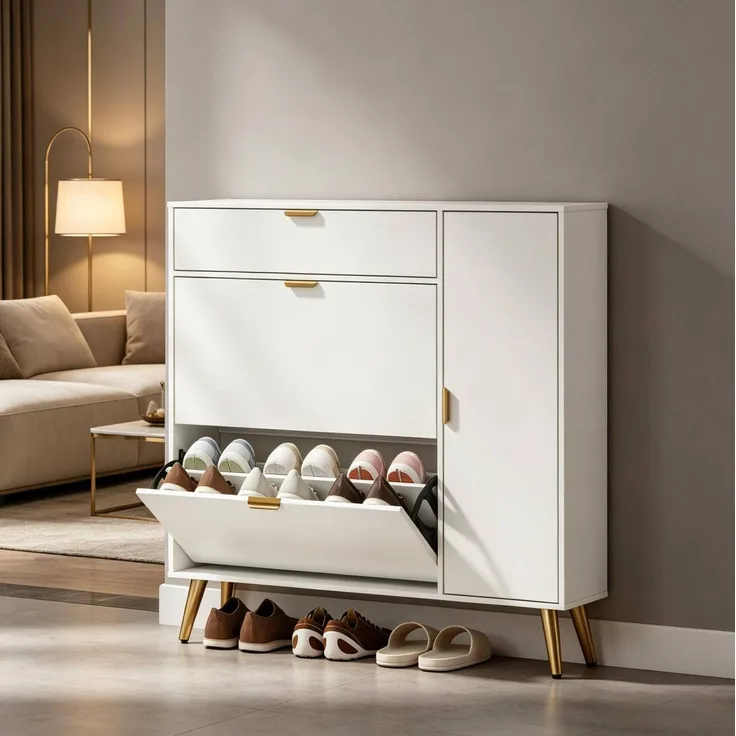 DESVIAE Garderobenschrank Schuhschrank Weiß aus MDF/Spanplatte – 99,4x106,6x23,8 cm – 2 Kippschubladen