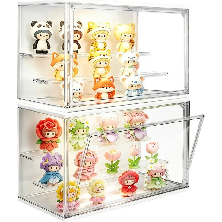 XERSEK Aufbewahrungsbox LED Vitrine Magnettür Spielzeugkiste Sammlervitrine Kosmetikorganizer (Set, 2 St, 36×22×18cm Stapelfähig), 3 Ebenen Displaybox mit Stufen-Steckboden – Bild 1