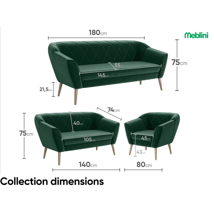 MEBLINI Mini Sofa 2-Sitzer für Wohnzimmer - Mini Lounge für zwei Personen - Küchensofa - Sofa Klein - GISELA - 2 - Grün Samt – Bild 7