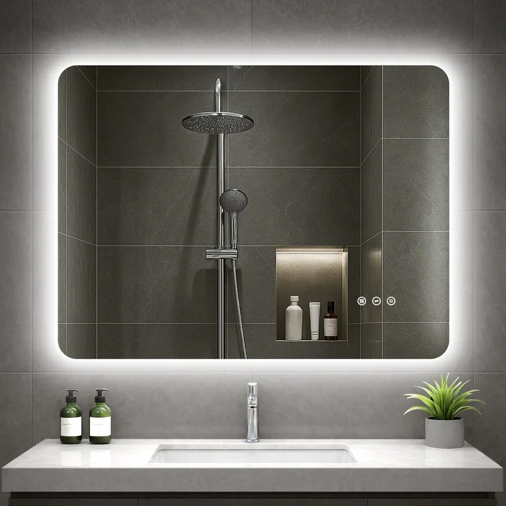 GIMBELEN LED Badezimmerspiegel 80x60 cm, beleuchteter Wandspiegel mit Hintergrundbeleuchtung, 3 Lichtfarben, dimmbar, Anti-Beschlag, Memory-Funktion, IP44, horizontal/vertikal montierbar, Schwarz