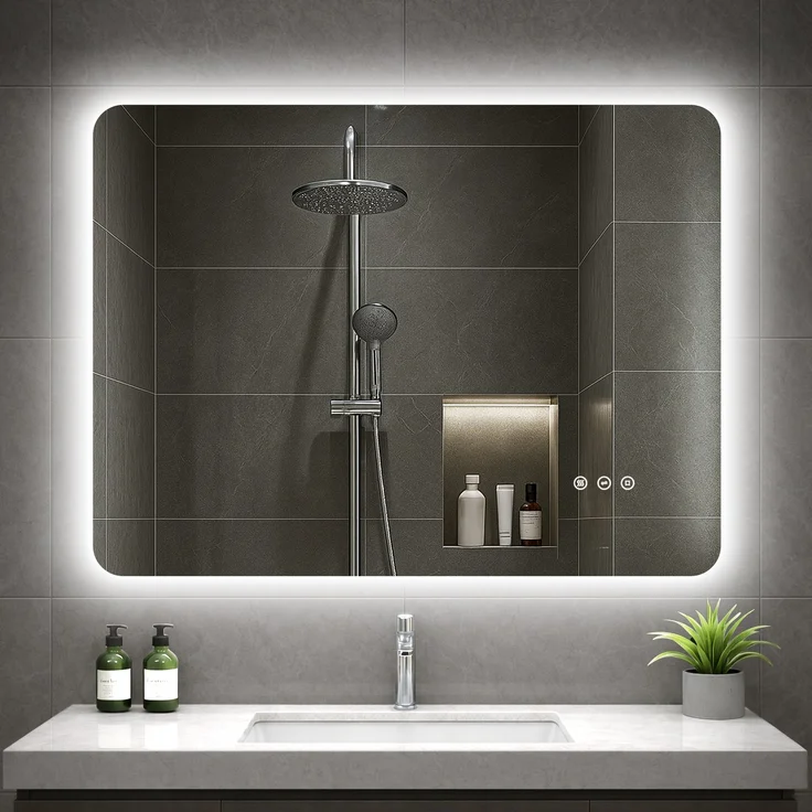 GIMBELEN LED Badezimmerspiegel 80x60 cm, beleuchteter Wandspiegel mit Hintergrundbeleuchtung, 3 Lichtfarben, dimmbar, Anti-Beschlag, Memory-Funktion, IP44, horizontal/vertikal montierbar, Schwarz – Bild 1