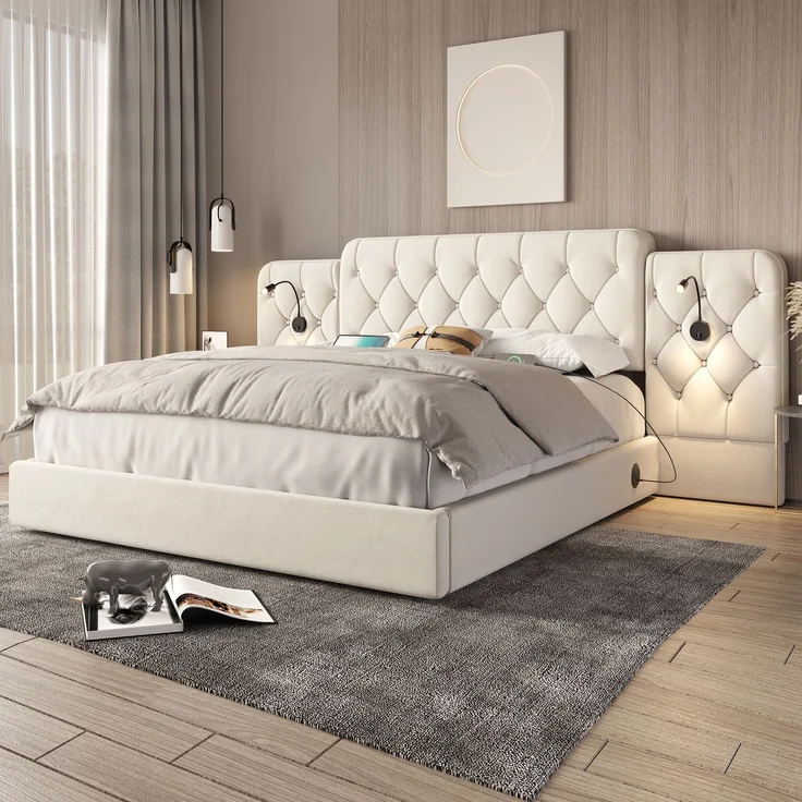 Polsterbett, Samt mit USB-Anschluss, Leselampen & Stauraum, 160x200 cm, Beige, ohne Matratze – Bild 4
