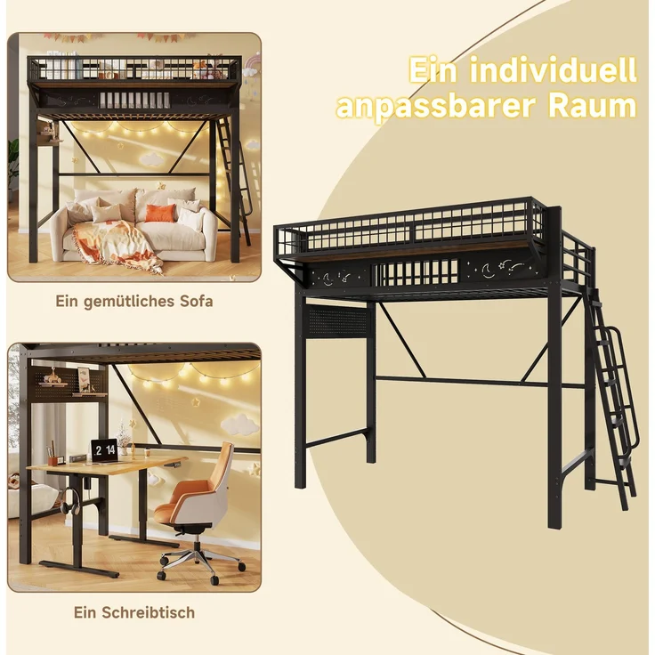 Hochbett, 90 x 200 cm, Metallbettgestell, Staufächer, offene untere Ebene, Ohne Matratze, Schwarz – Bild 6