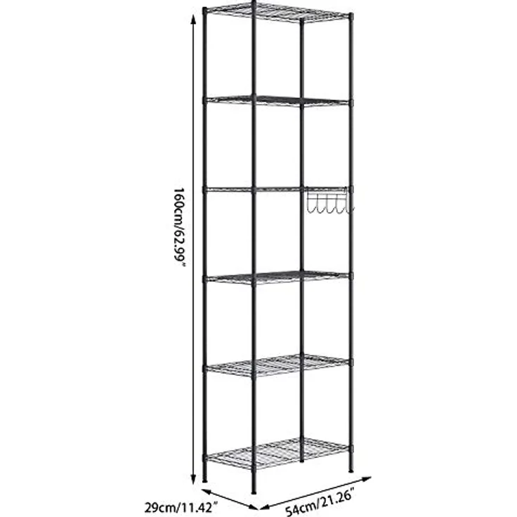 Himimi 6 Etagen Standregal Metallregal Küchenregal Badezimmerregal verchromtes Regal mit Seitenhaken und verstellbare Ablagen 54 x 29 x 160 cm, Schwarz – Bild 3
