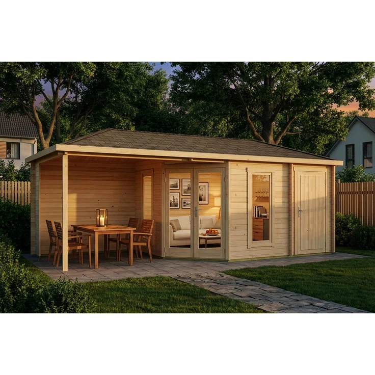 Alpholz 5-Eck Gartenhaus Liwa mit Anbau Gartenhaus aus Holz Holzhaus mit 28 mm Wandstärke inklusive Terrasse Blockbohlenhaus mit Montagematerial – Bild 3