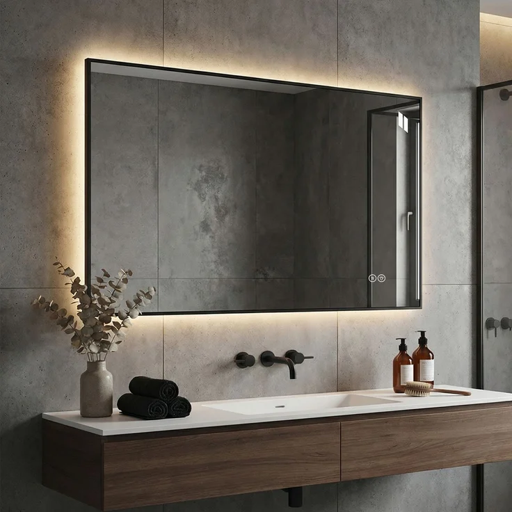 LED Badezimmerspiegel 50x70 cm mit Aluminiumrahmen, Hinterleuchtet, Anti-Beschlag, 3 Lichtfarben, Stufenlos dimmbar, Memory-Funktion, 5 mm kupferfreier Silberspiegel--Silber--50x70x2.5cm--YOUDENOVA – Bild 2