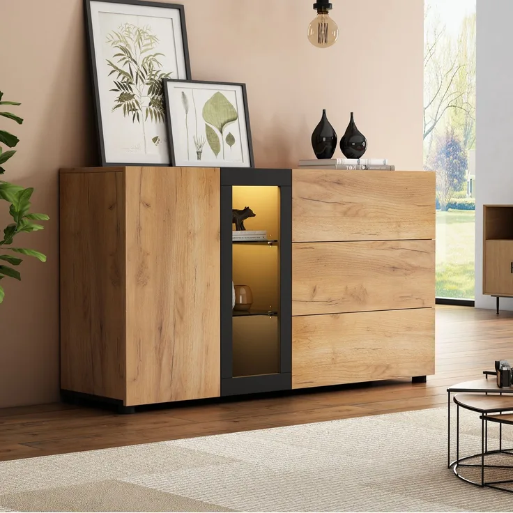DESVIAE Sideboard mit LED-Beleuchtung und 3 Schubladen, 140x80x40 cm, Spanplatte, Braun/Schwarz