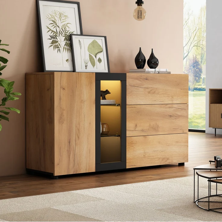 DESVIAE Sideboard mit LED-Beleuchtung und 3 Schubladen, 140x80x40 cm, Spanplatte, Braun/Schwarz – Bild 1