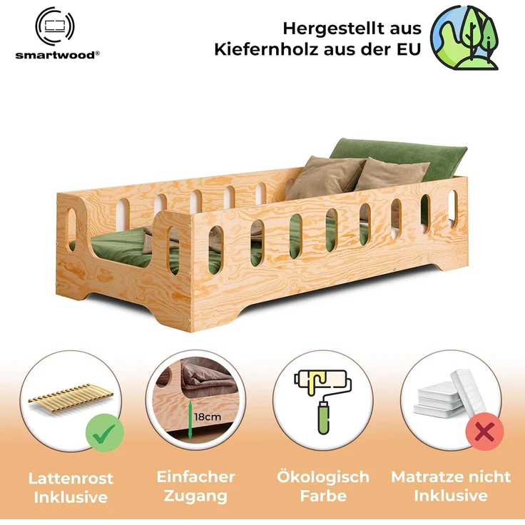 smartwood Kinderbett Bodenbett 120x200 mit Rausfallschutz & Lattenrost - Lackiert - Kinder Montessori Bett TILA 2B mit glatten Kanten - Betten für schnelle Montage - Bis 300 kg belastbar – Bild 3