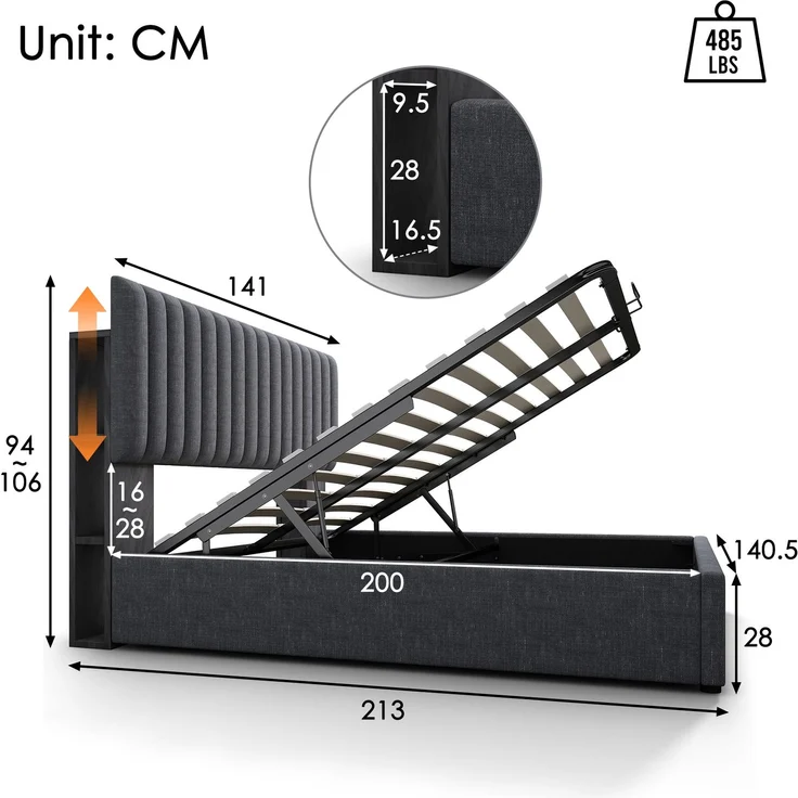 Polsterbett 140×200 cm aus Leinen-Stoff mit LED-Beleuchtung und USB-C-Ladestation, grau – Bild 4