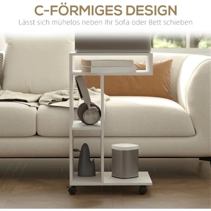 HOMCOM Beistelltisch C-Form Nachttisch mit 4 Regalen, Rollen, Couchtisch, Wohnzimmertisch Laptoptisch für Wohnzimmer Schlafzimmer 40 x 30 x 69 cm Weiß – Bild 5