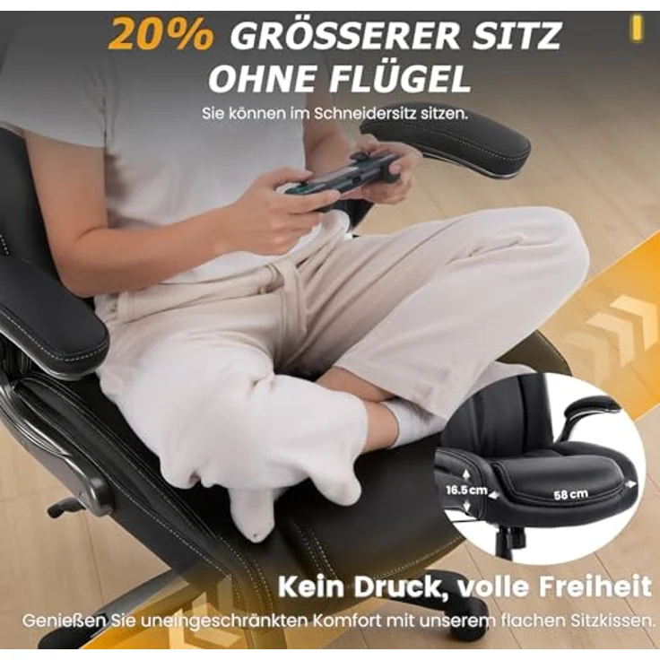 COLAMY Chefsessel Bürostuhl 181kg, Großer Ergonomischer Chefsessel Leder, Breiter Sitz, Klappbare Armlehnen, Höhenverstellbar für das Homeoffice, Schwarz – Bild 5
