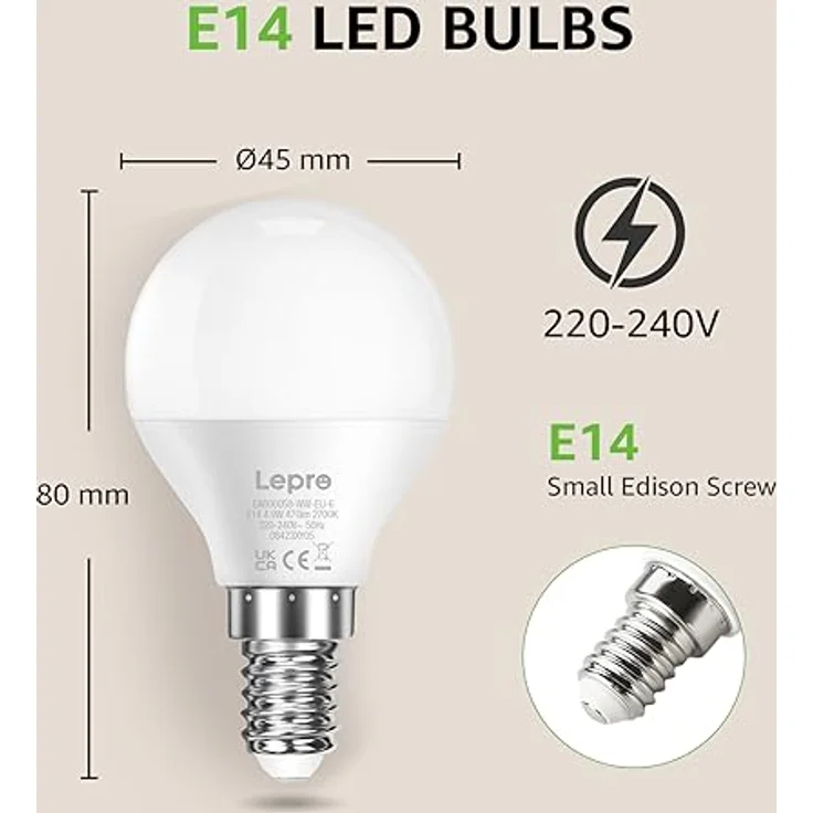 Lepro E14 LED Lampe, 6er-Pack, 4.9W 470 Lumen Glühbirne,entspricht 40W Glühlampe, 2700 Kelvin Warmweiß, P45 180° Abstrahlwinkel Energiesparlampe – Bild 6