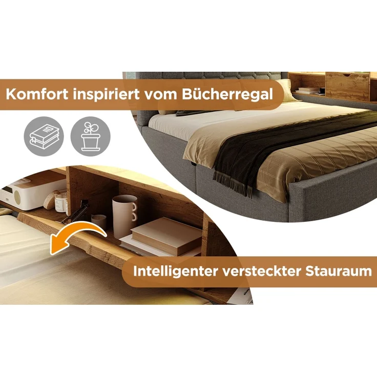 U-life Polsterbett Einzelbett 90x190 cm, hydraulischer Stauraum, L-förmigem, Beidseitig montierbar, Lattenrost, Leinen, Grau – Bild 2